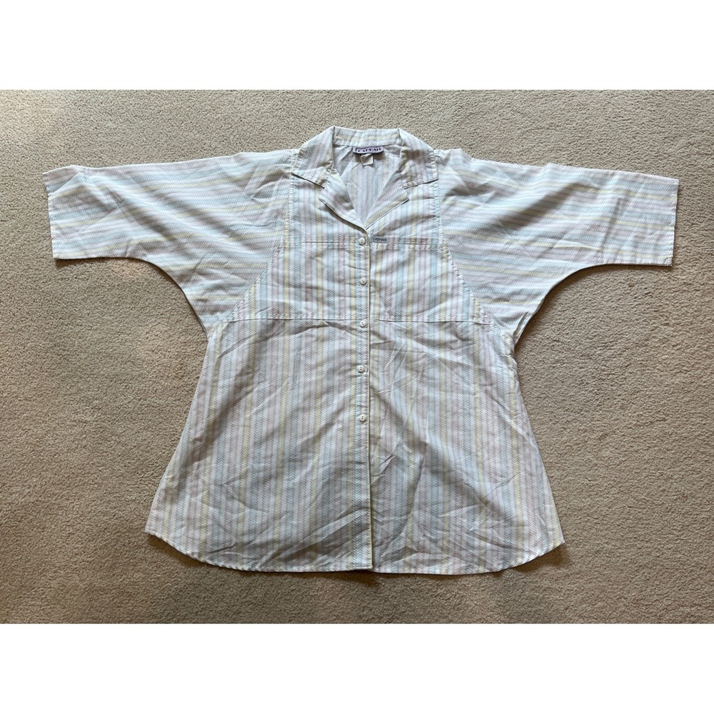 Vintage Cabrais Button Up Shirt Size 12 White Pastel Stripe Granny Coastal 80s